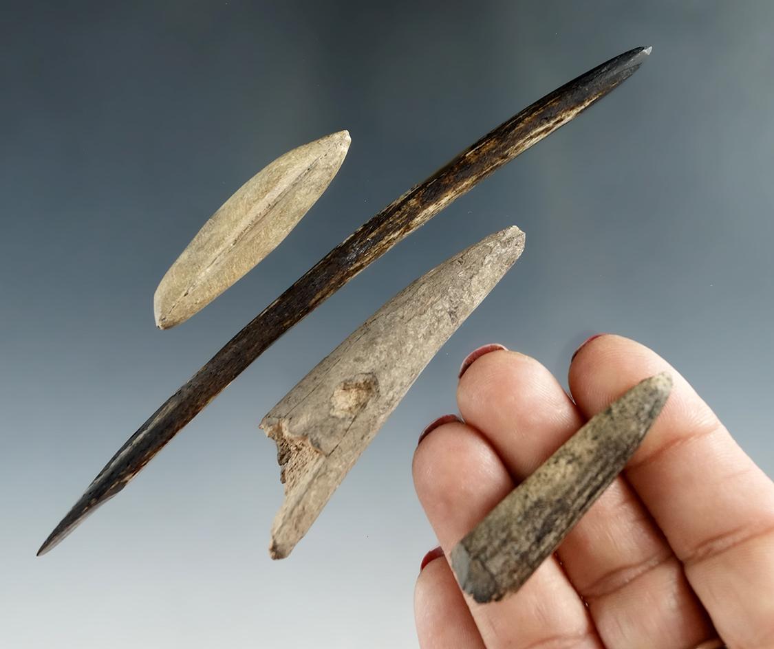 Set of four bone and antler projectiles and tools found at a site in Kentucky. Largest is 5 1/8".