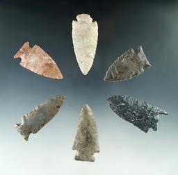 Set of six assorted Midwestern arrowheads, largest is 2 1/2".