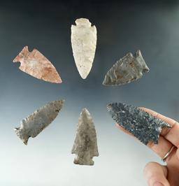 Set of six assorted Midwestern arrowheads, largest is 2 1/2".