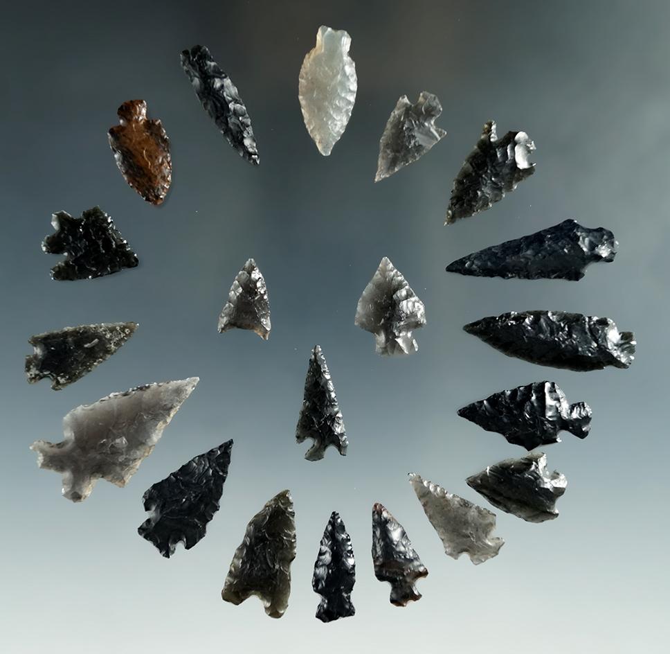 Set of 20 assorted mostly obsidian arrowheads found in Nevada, largest is 1 3/16".