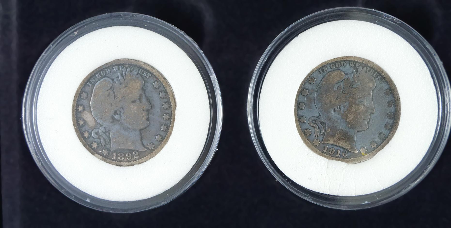 First and Last Barber Quarters 1892 G+ and 1916-D VG in Box