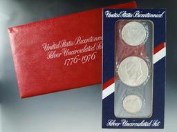 1976 3 Piece Silver Mint Set and 1974 Eisenhower 40% Silver Dollar in Original Envelopes