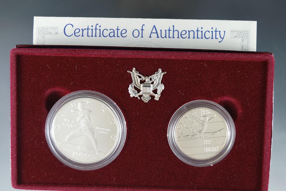 1992 Olympic Uncirculated Commemorative 2 Piece Set Half Dollar and Silver Dollar in Orig Box w/ COA