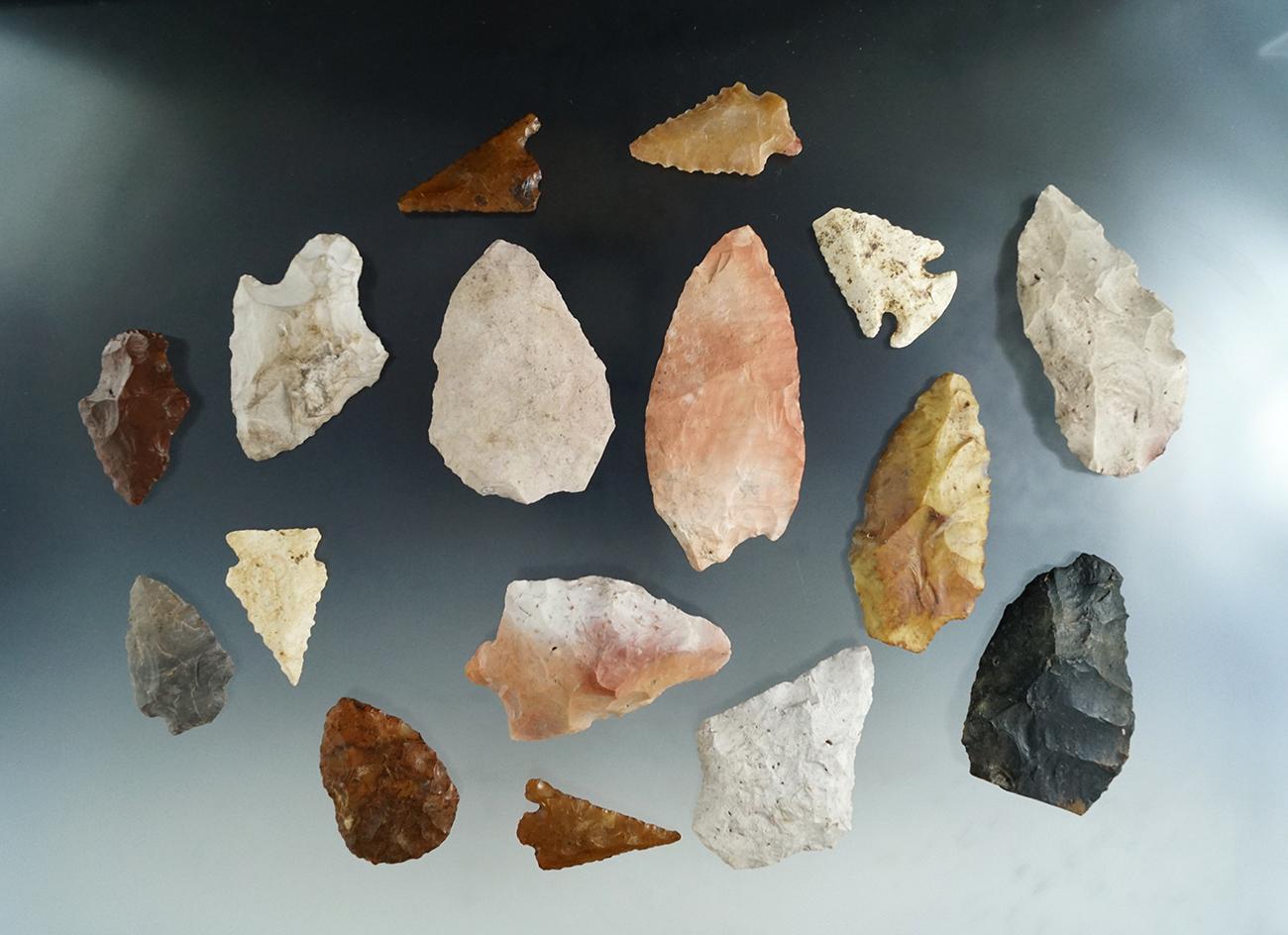 Group of 16 Florida/Georgia assorted arrowheads, largest is 3 1/2".