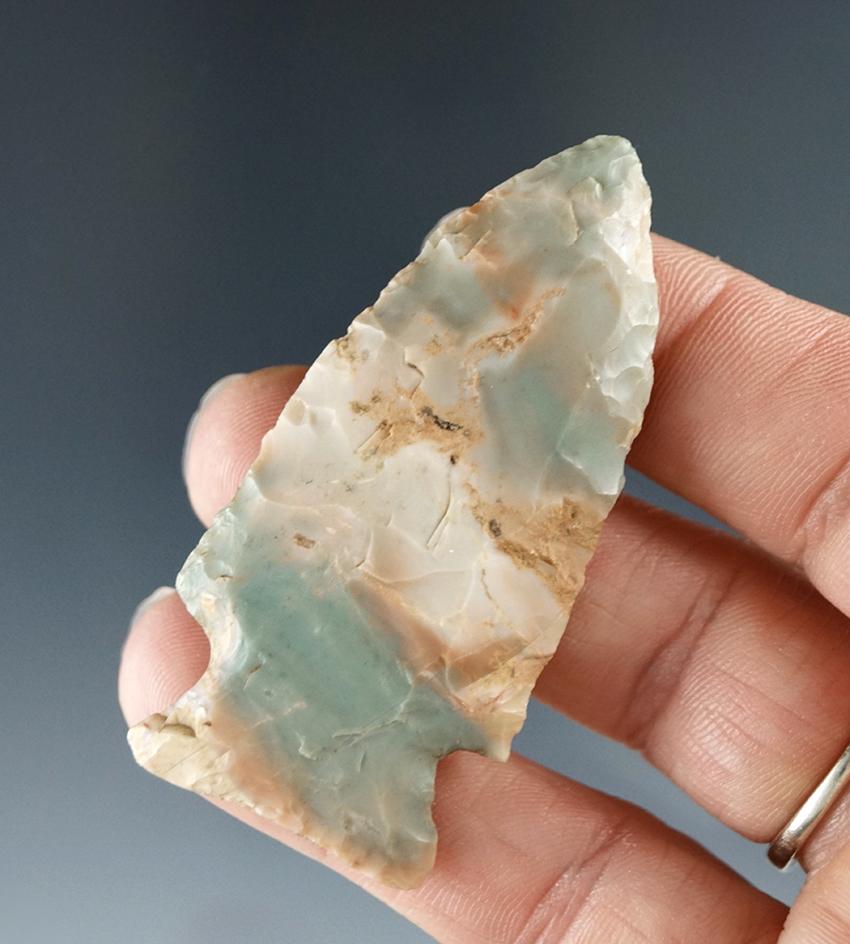 Beautiful and rare color 2 1/4" Green Flint Ridge Flint Cornernotch found in Ohio.