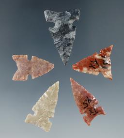 Set of 5 nice Texas and Kansas arrowheads, largest is 1".