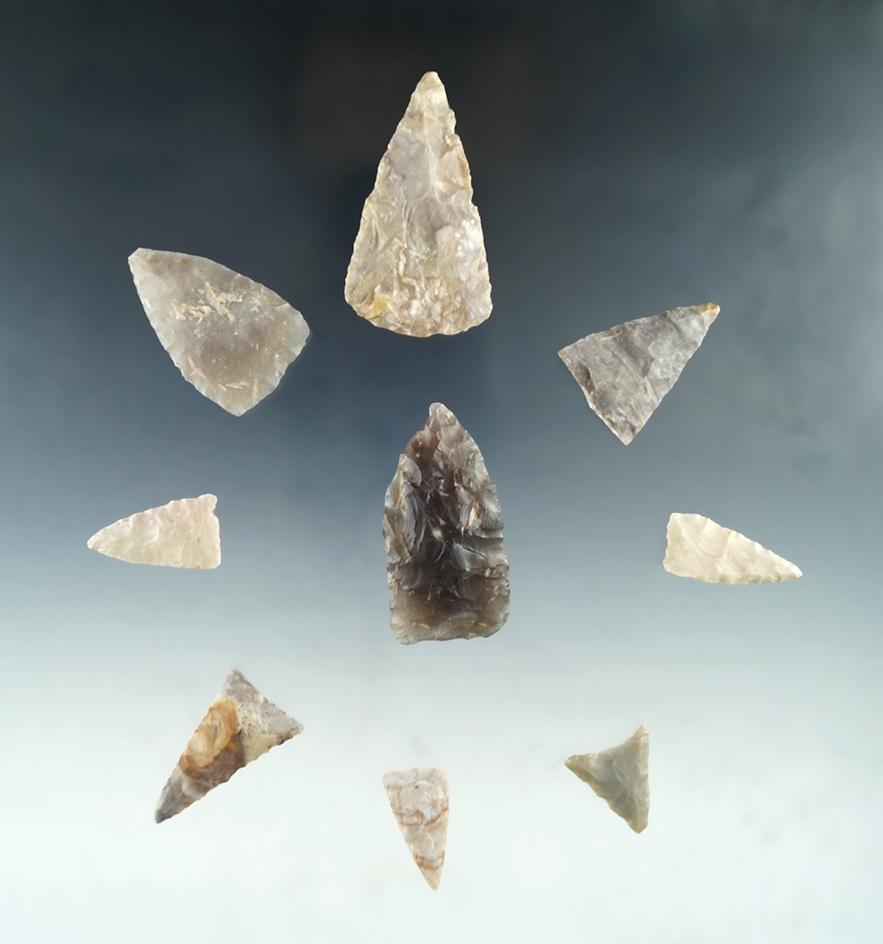 Set of nine Triangular Arrowheads found in the U. S., Largest is 2".