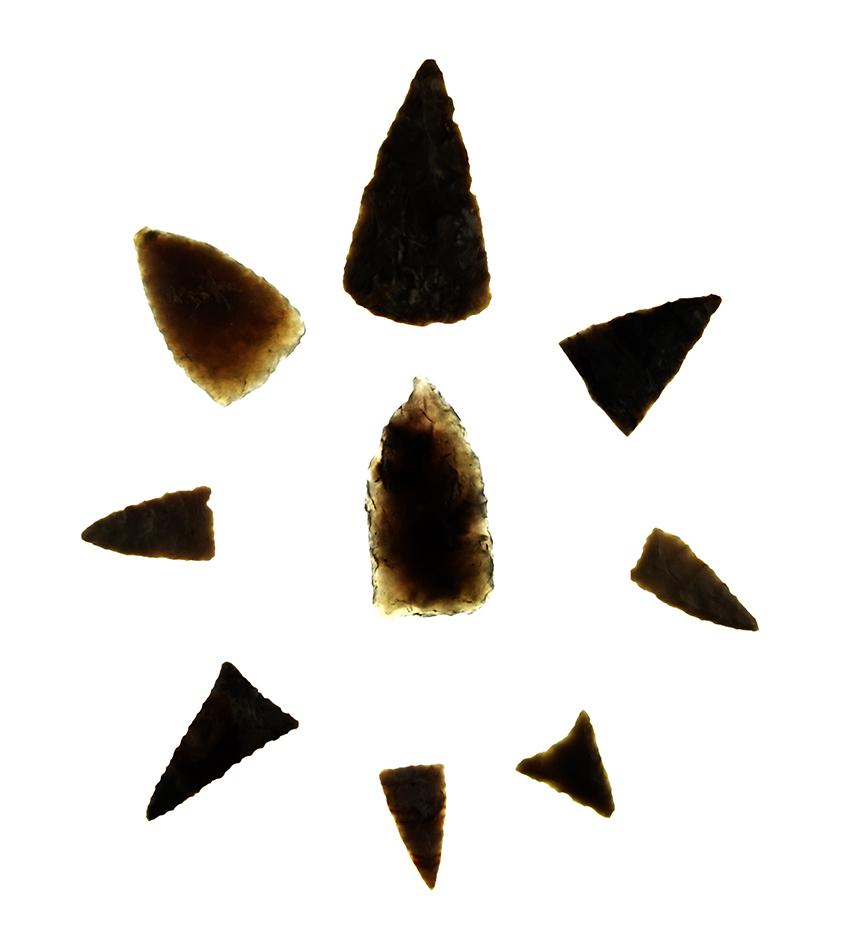 Set of nine Triangular Arrowheads found in the U. S., Largest is 2".