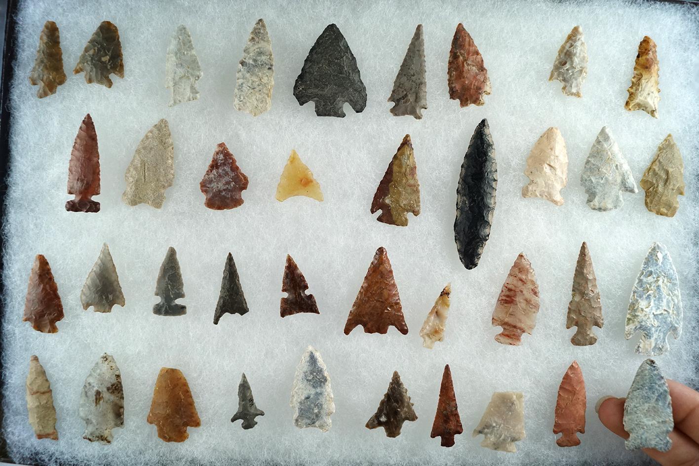 Large group of approximately 38 assorted arrowheads found in the Western U. S. Largest is 2 1/2".