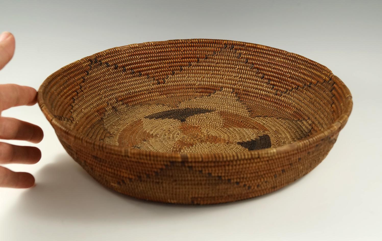 10 1/2" wide by 2 1/2" tall tightly woven Mission basket from S. California -  nice pattern, very go