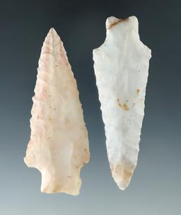 2 restored Flint Ridge Flint points, one has restoration to the tip area, the other to basal corner.