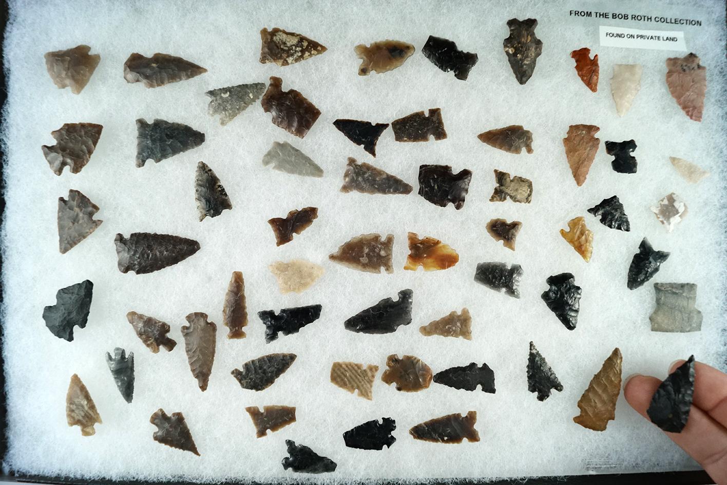 Large group of assorted arrowheads found in Sweetwater County Wyoming. Ex. Roth. Largest is 1 3/8".