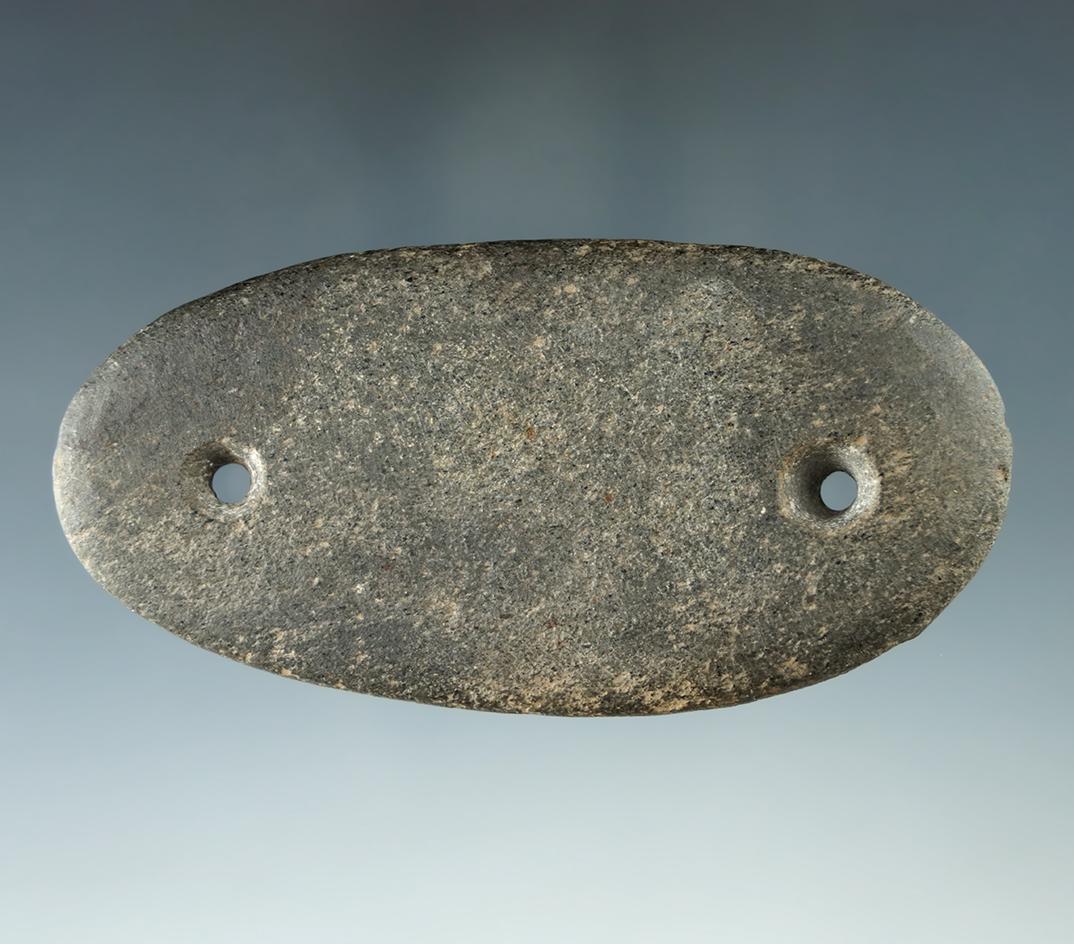3 7/16" Glacial Kame Oval Gorget found in Ohio. Ex. Leslie Hill (#4480) Collection. Davis COA.