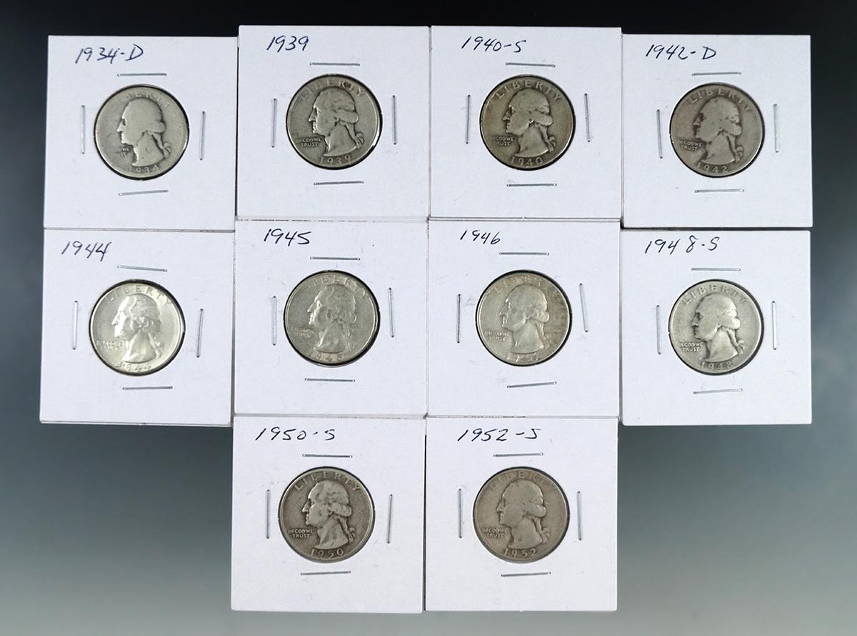 1934-D, 1939, 1940-S, 1942-D, 1944, 1945 1946, 1948-S, 1950-S and 1952-S Washington Silver Qtrs