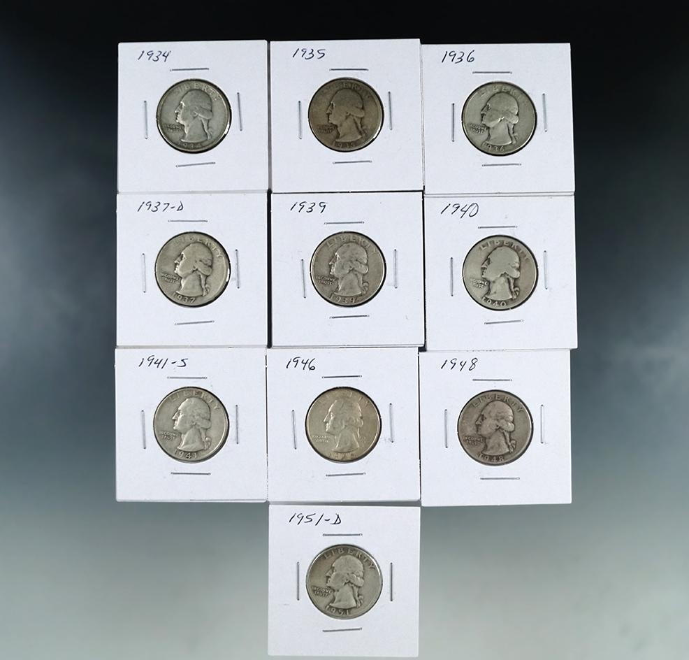 1934, 1935, 1936, 1937-D, 1939, 1940, 1941-S, 1946, 1948 and 1951-D Washington Silver Quarters