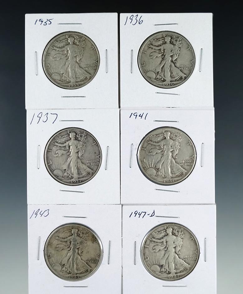 1935, 1936, 1937, 1941, 1943 and 1947-D Walking Liberty Half Dollars F