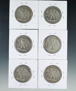 1935, 1936, 1937, 1941, 1943 and 1947-D Walking Liberty Half Dollars F