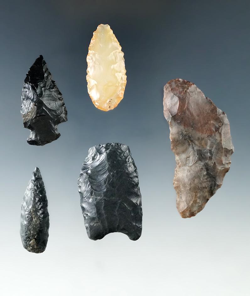 5 flaked artifacts including a Crescent Knife and a beautiful agate Leaf Point found in  Oregon.