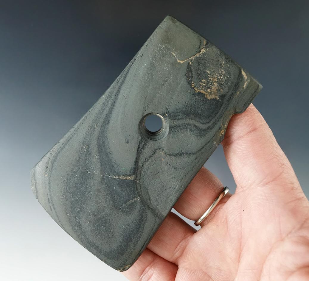 3 1/2" green banded slate Pendant found in Licking Co., Ohio by J. Brandar.