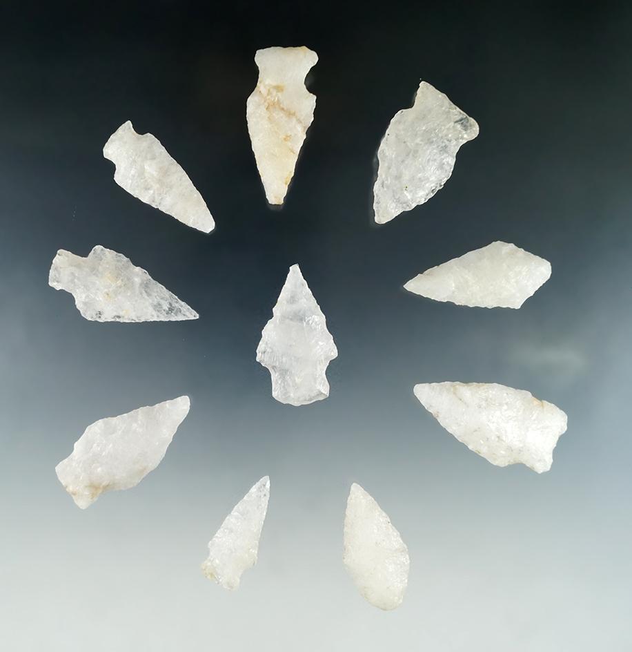 Group of 10 quartz arrowheads found in Virginia, largest is 1 3/4".