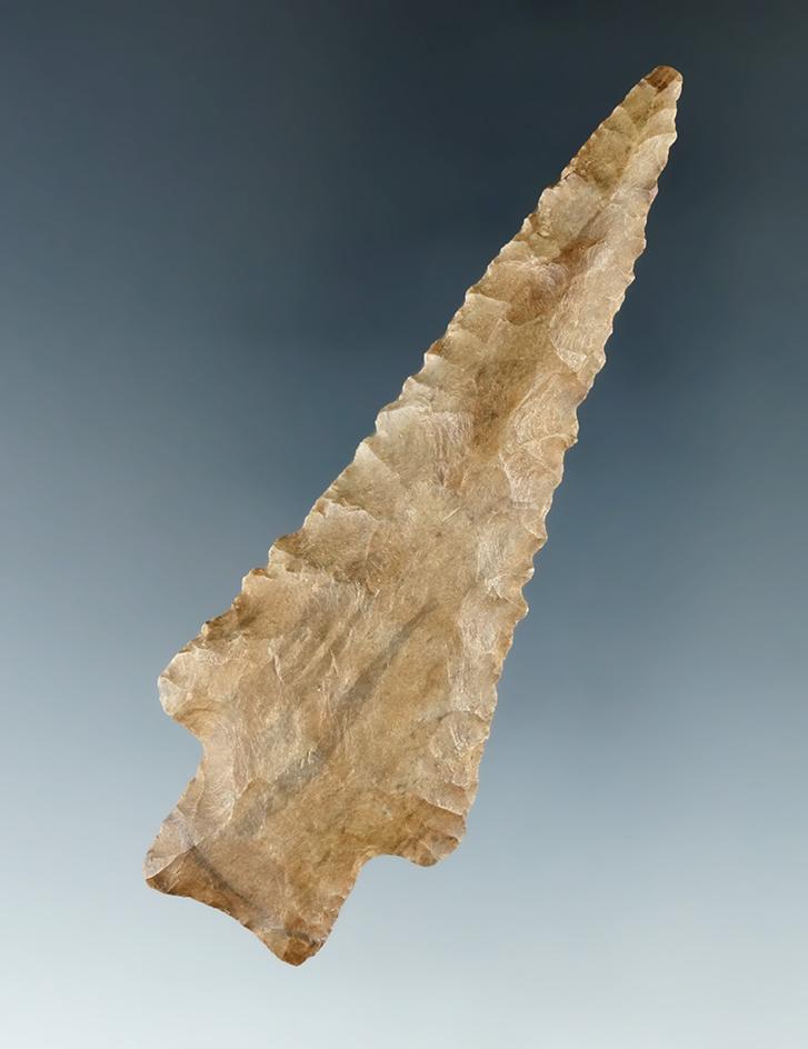 Excellent flaking and style! 3 1/8" stemmed dart point made from Dover Flint found in Tennessee.