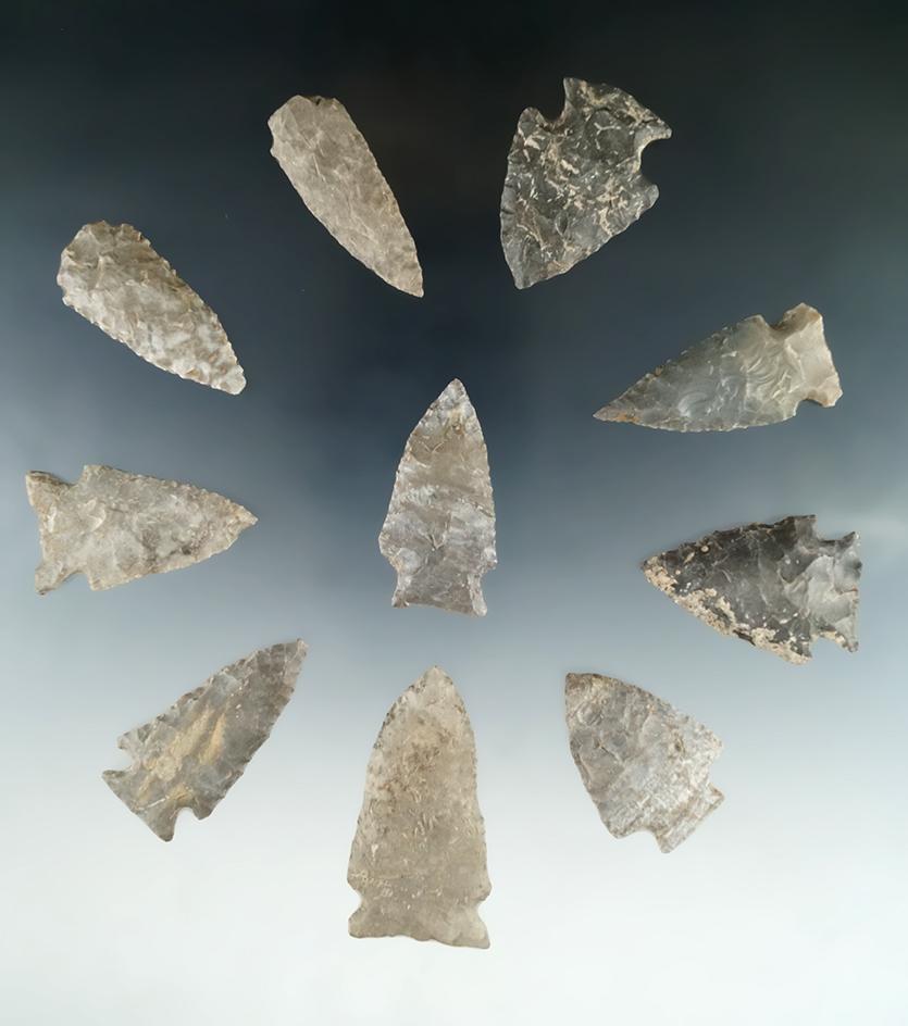 Set of 10 assorted Tennessee arrowheads, largest is 2".