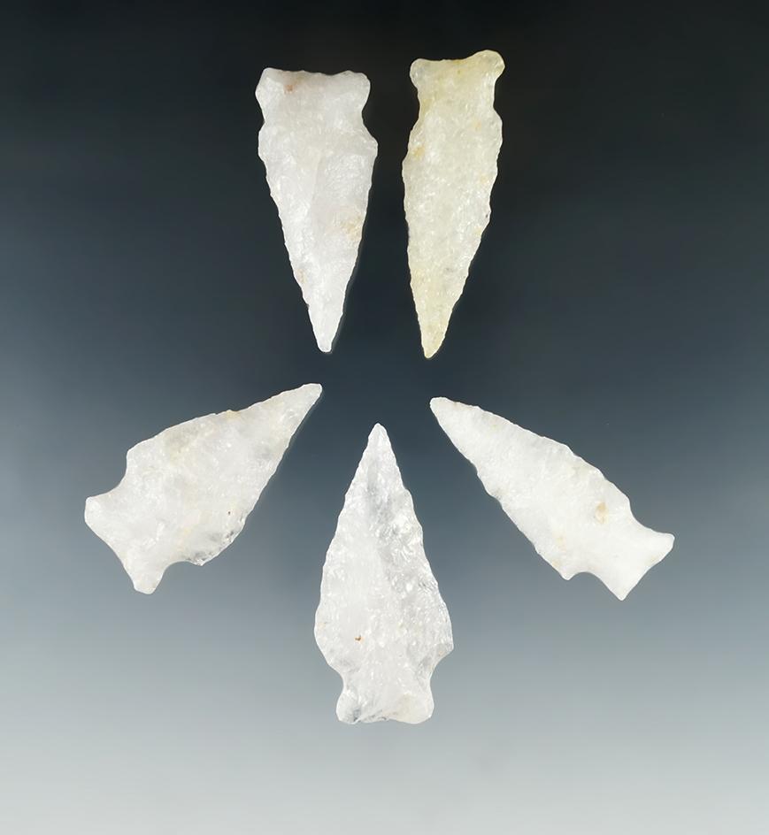 Set of five nice Quartz arrowheads found in Virginia, largest is 2".