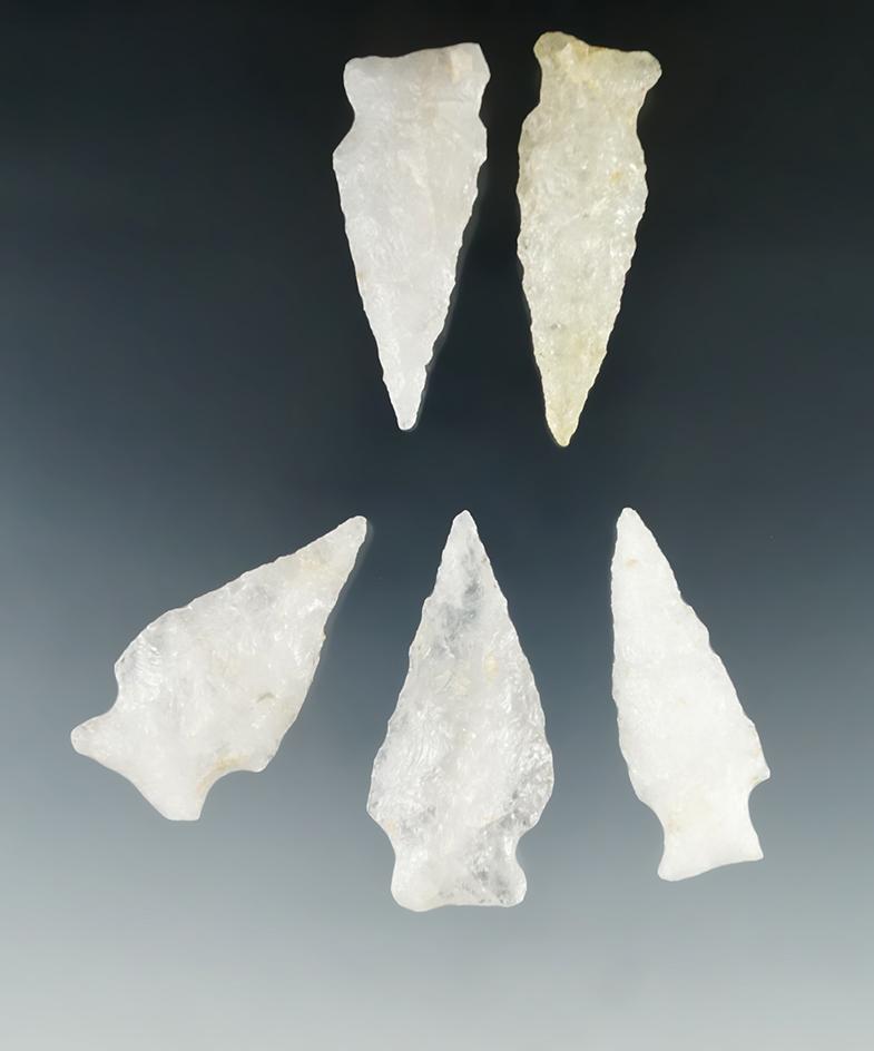 Set of five nice Quartz arrowheads found in Virginia, largest is 2".