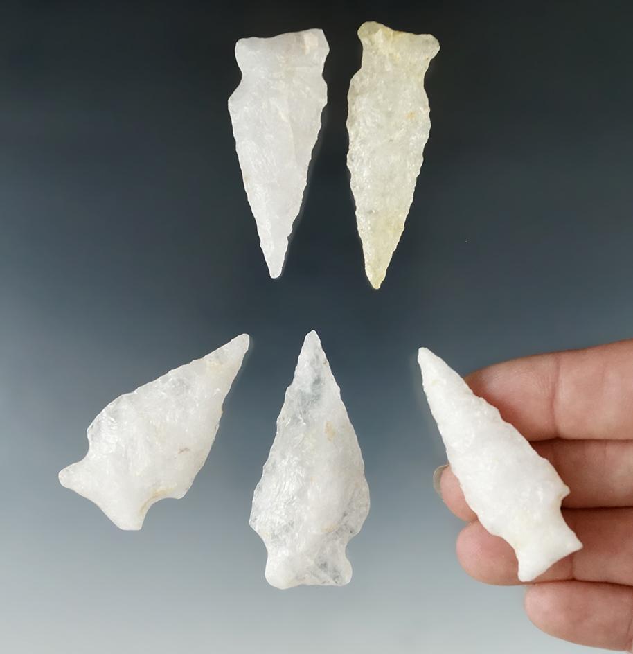 Set of five nice Quartz arrowheads found in Virginia, largest is 2".