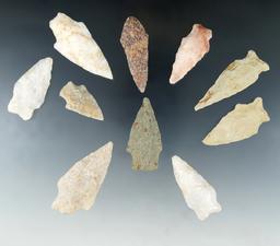 Set of 10 assorted arrowheads found in Virginia, largest is 2 1/4".