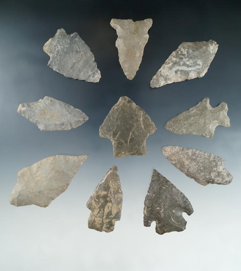 Set of 10 New York area arrowheads, largest is 2 5/8".