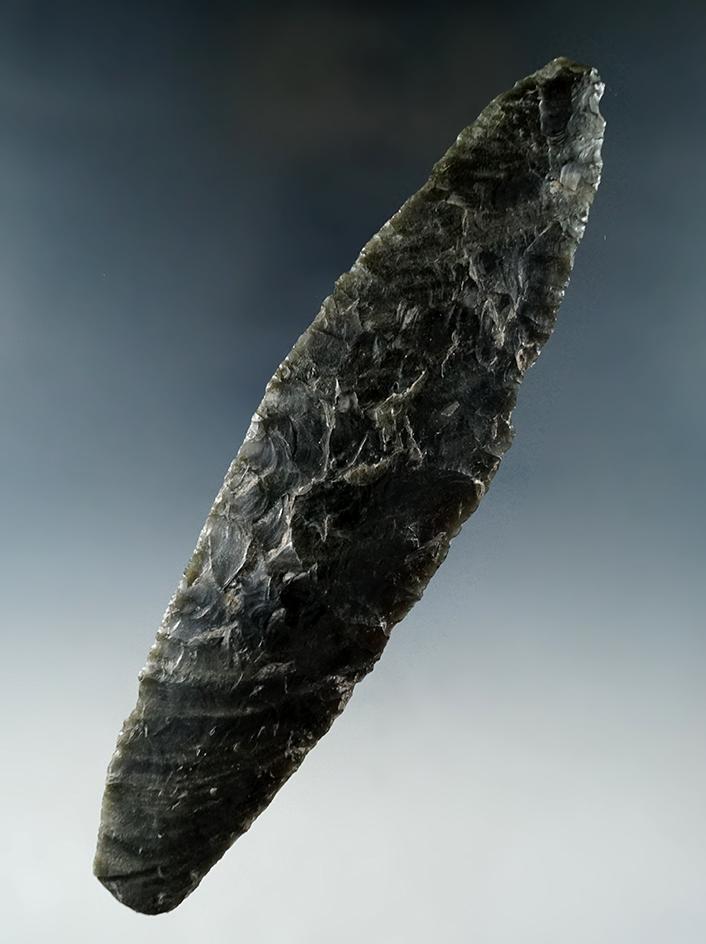 5 5/8" Knife made from grey and black Banded Obsidian, found near Crump Lake in Lake Co., Oregon.