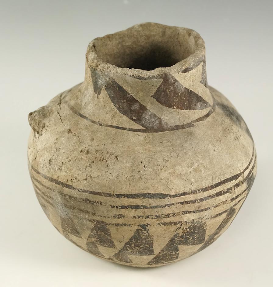 4 1/2" tall by 4 3/4" wide nicely decorated jar with an anciently salvaged rim found in Apache Co.,