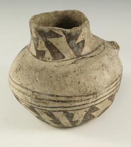 4 1/2" tall by 4 3/4" wide nicely decorated jar with an anciently salvaged rim found in Apache Co.,