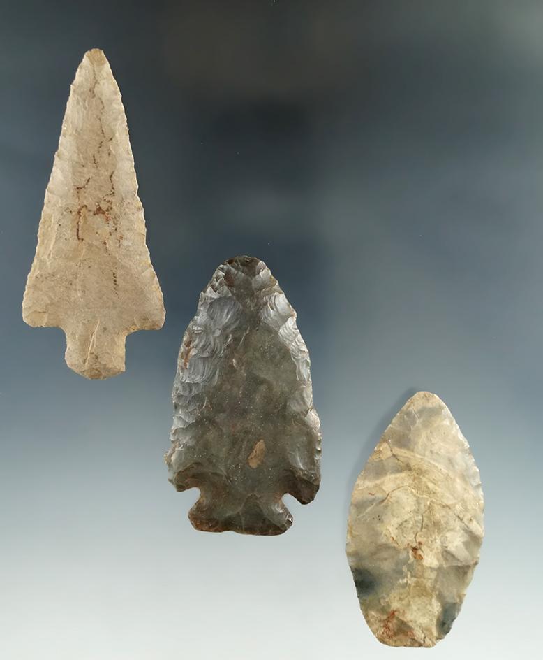 Set of three flaked artifacts found in Kentucky and Tennessee, largest is 3".