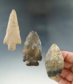 Set of three flaked artifacts found in Kentucky and Tennessee, largest is 3".