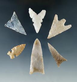 Set of six assorted arrowheads found in Texas, largest is 1 9/16".