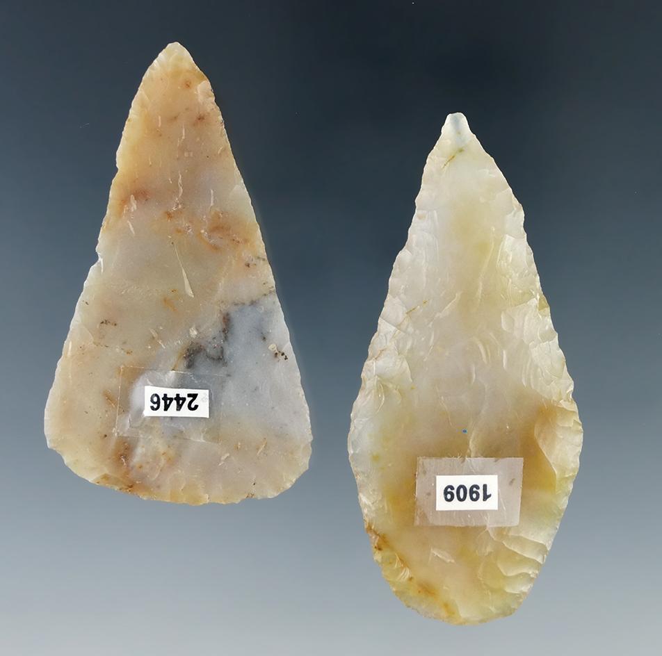 Pair of high quality semi-translucent Flint Ridge Flint Blades found in Ohio.  Largest is 2 7/16".