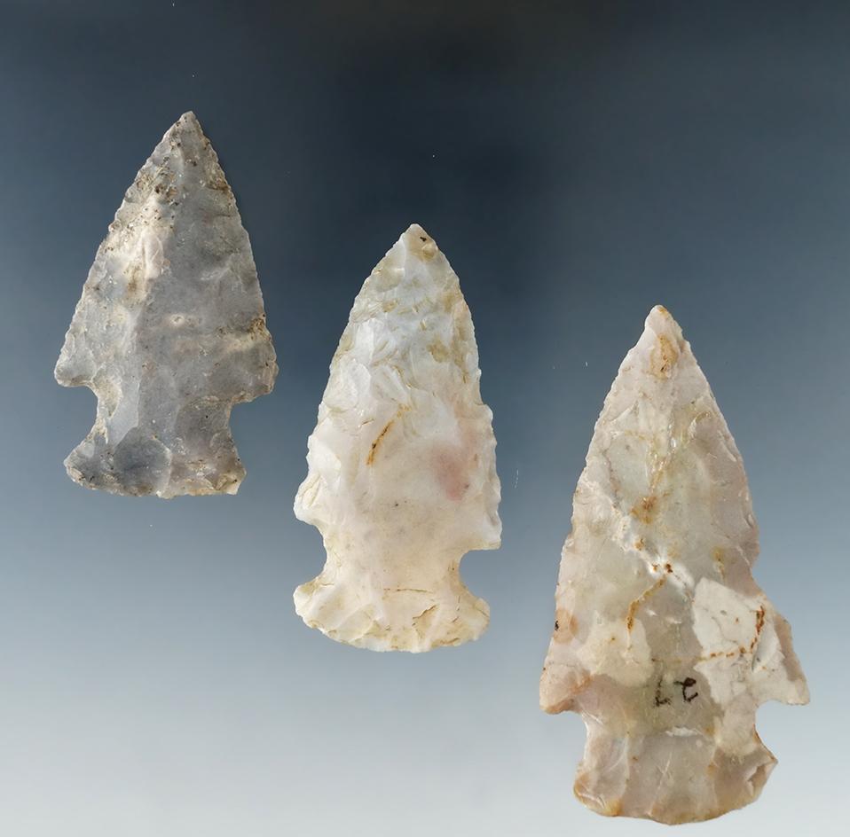 Group of 3 Flint Ridge Hopewell Points found in Ohio.  Largest is 2 3/4".