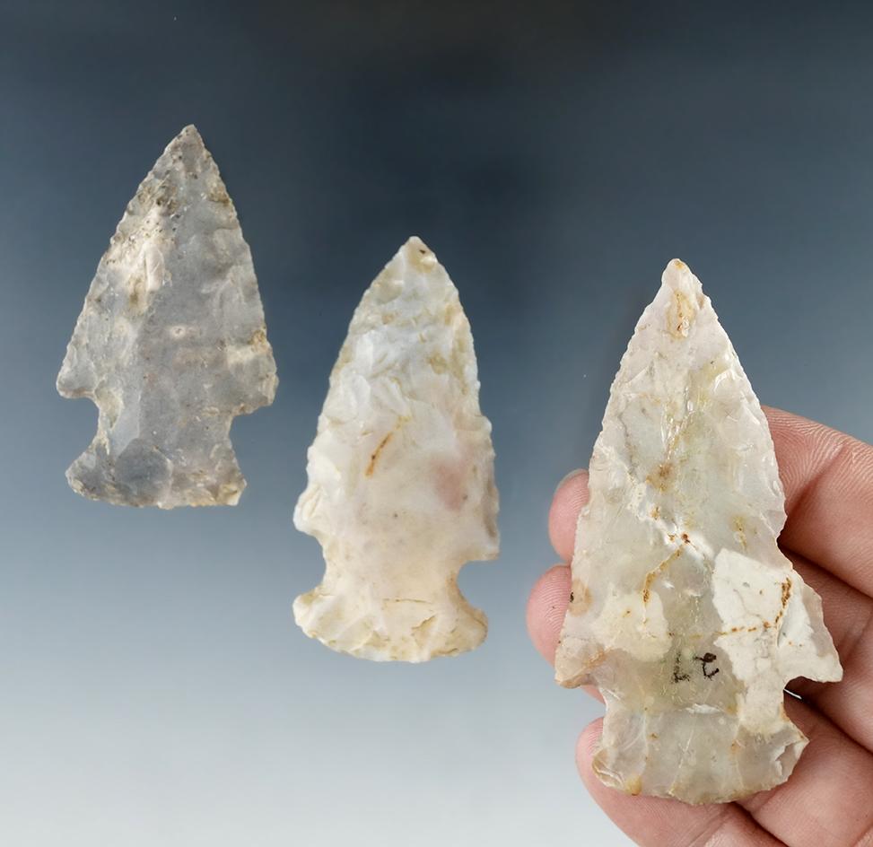 Group of 3 Flint Ridge Hopewell Points found in Ohio.  Largest is 2 3/4".
