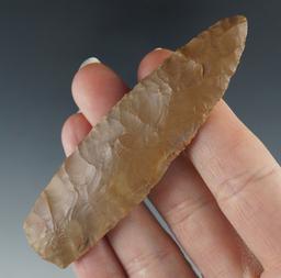 3 1/2" Paleo Lanceloate with nicely ground lower edges. Made from Carter Cave Flint, Ohio.