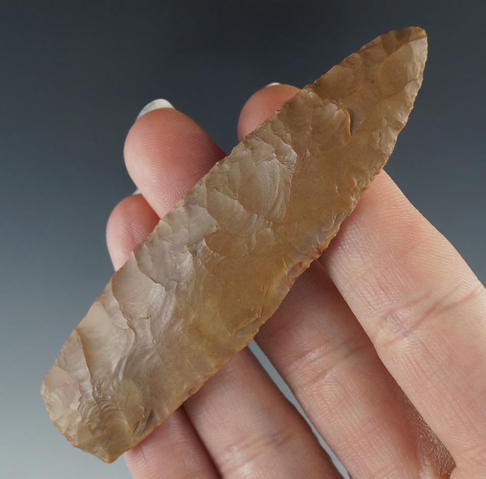 3 1/2" Paleo Lanceloate with nicely ground lower edges. Made from Carter Cave Flint, Ohio.