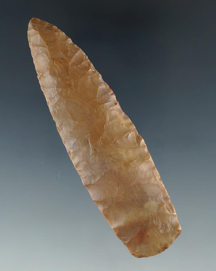 3 1/2" Paleo Lanceloate with nicely ground lower edges. Made from Carter Cave Flint, Ohio.