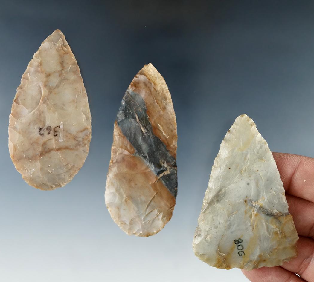 Set of 3 Flint Ridge Woodland Blades all found in Ohio.  Largest is 2 15/16".