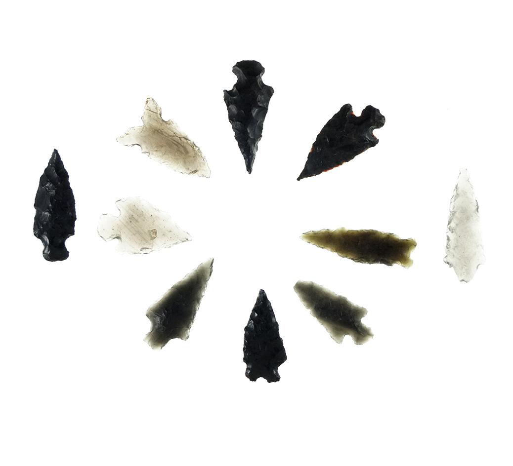 Set of 10 assorted arrowheads found in Humboldt Co., Nevada. Largest is 1".