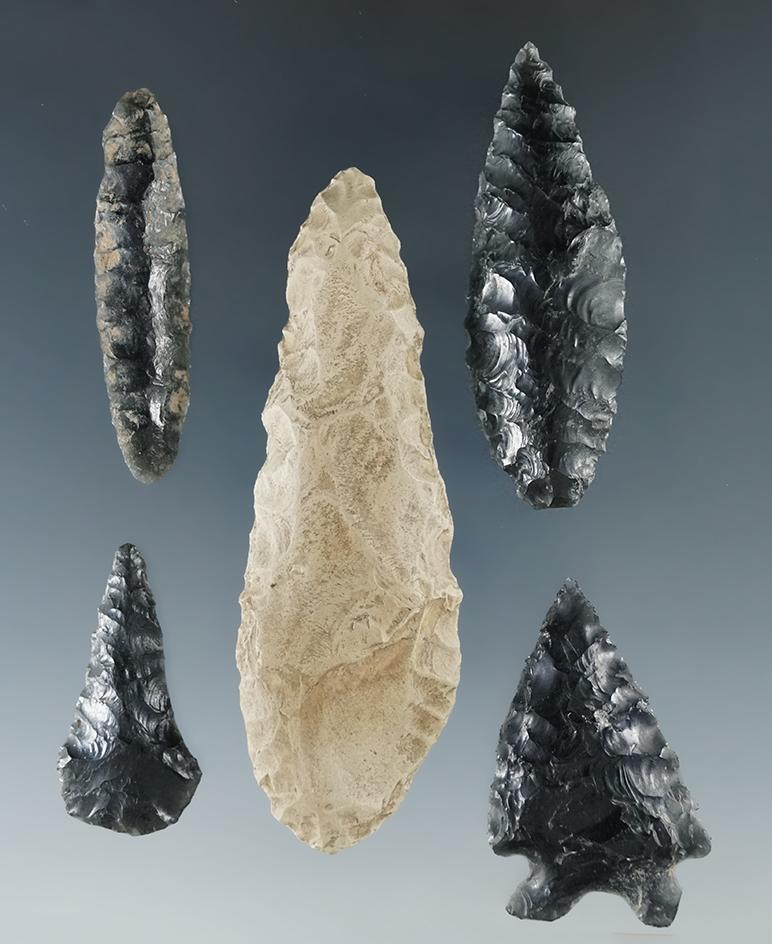 Set of five artifacts including a 2 7/8" Cascade found near a cave on the Snake River.