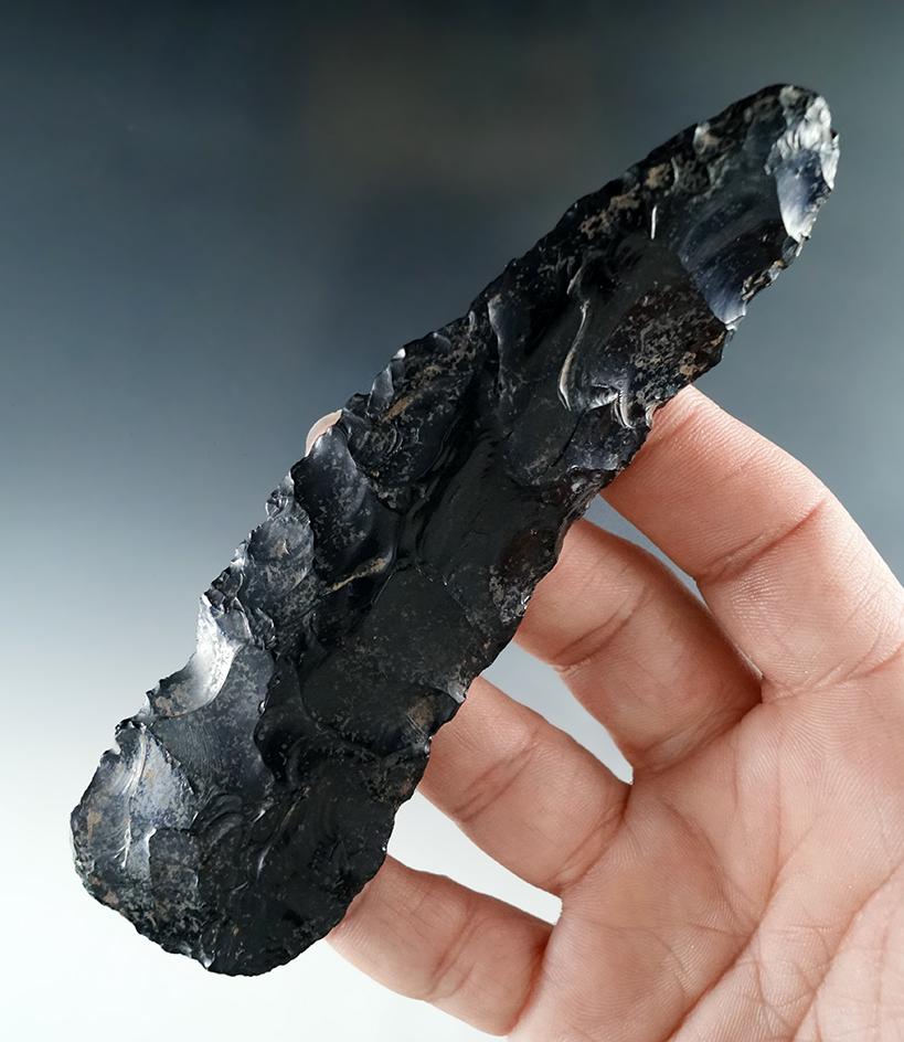 4 3/4" obsidian Knife with a very unique twist to the Blade found in Humboldt Co., Nevada.