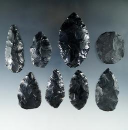 Group of 8 obsidian and basalt Blades found in Humboldt Co., Nevada, largest is 2 3/4".