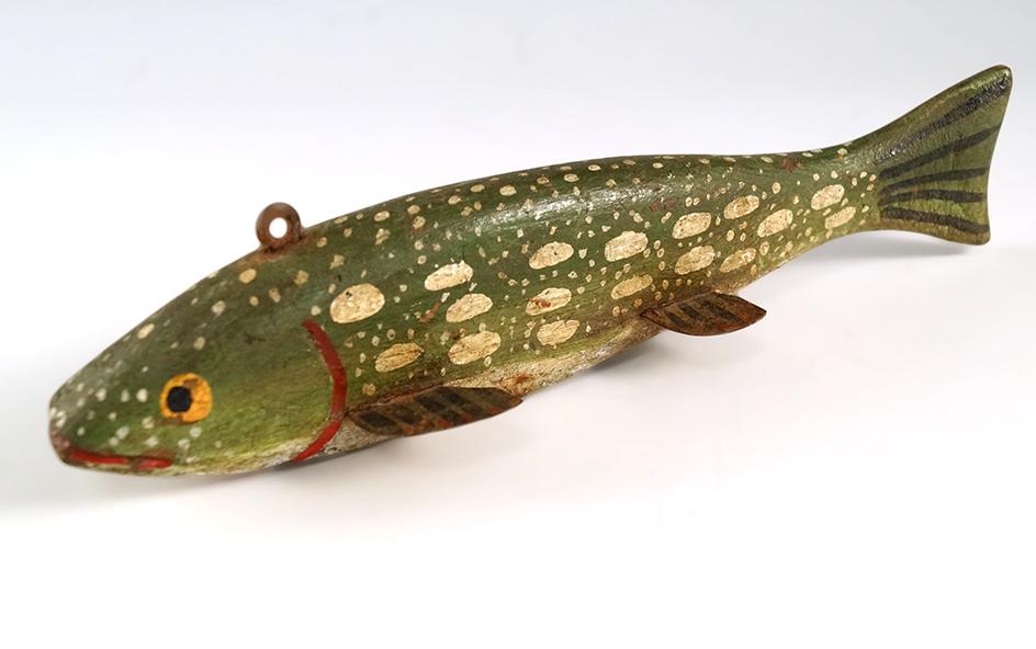 Vintage painted wood and metal " long fishing decoy in excellent condition.