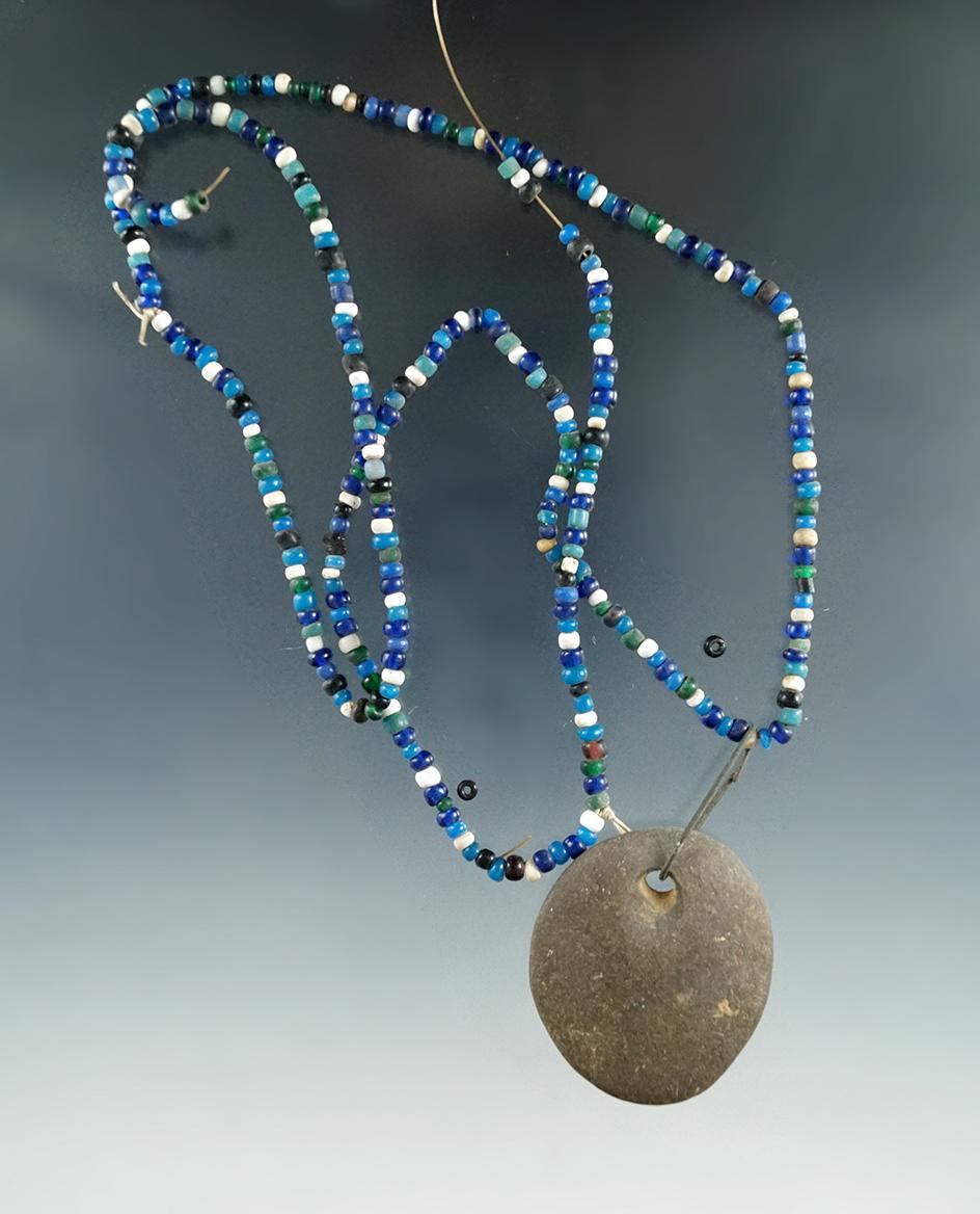 Blues, greens and white seed bead necklace with stone pendant found in New Jersey.